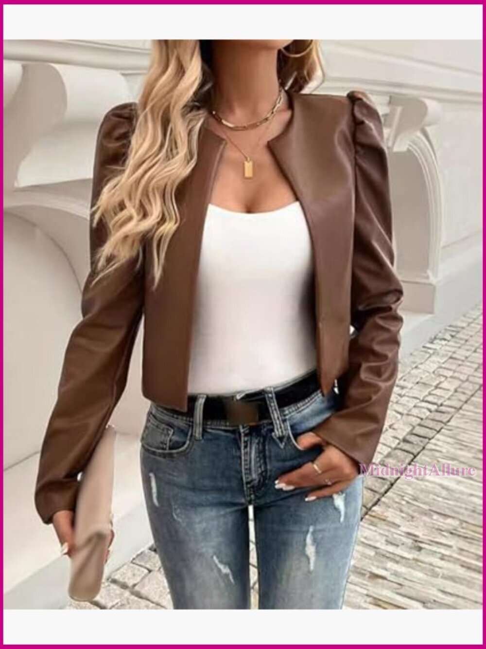 Faux Leather Cropped Blazer Puff Sleeve Open Front Cardigan Jacket - Picture 3 of 5